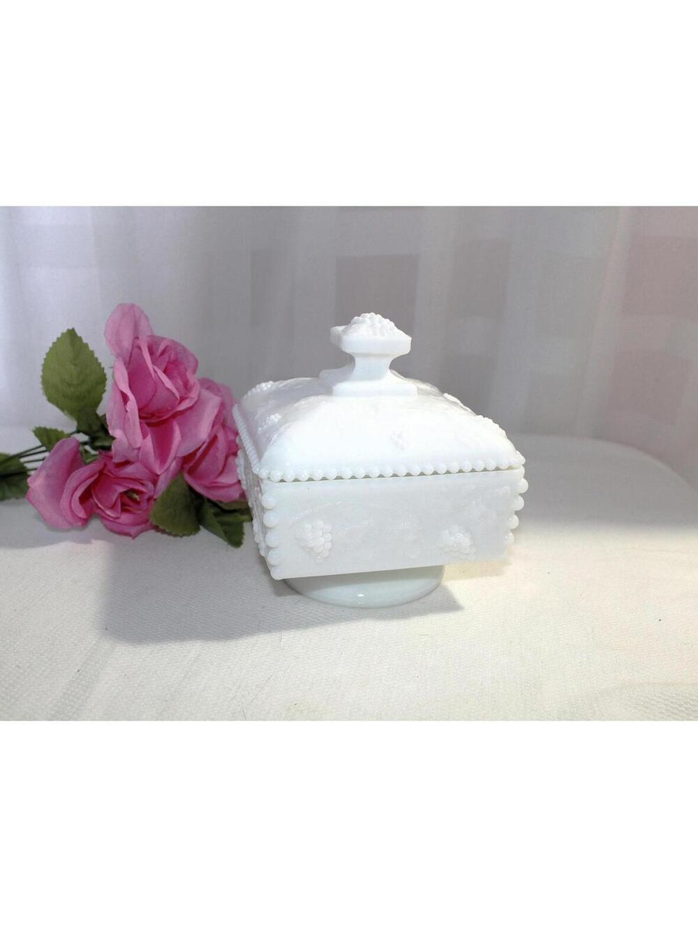 Vintage Westmoreland Milk Glass Footed Square Candy Dish, Grapes & Leaves